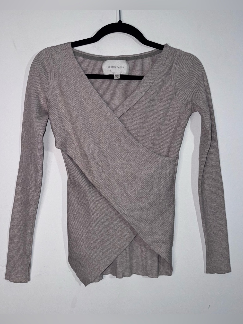 Brochu Walker Rib Knit Wrap Front Long Sleeve Top Small Taupe Beige